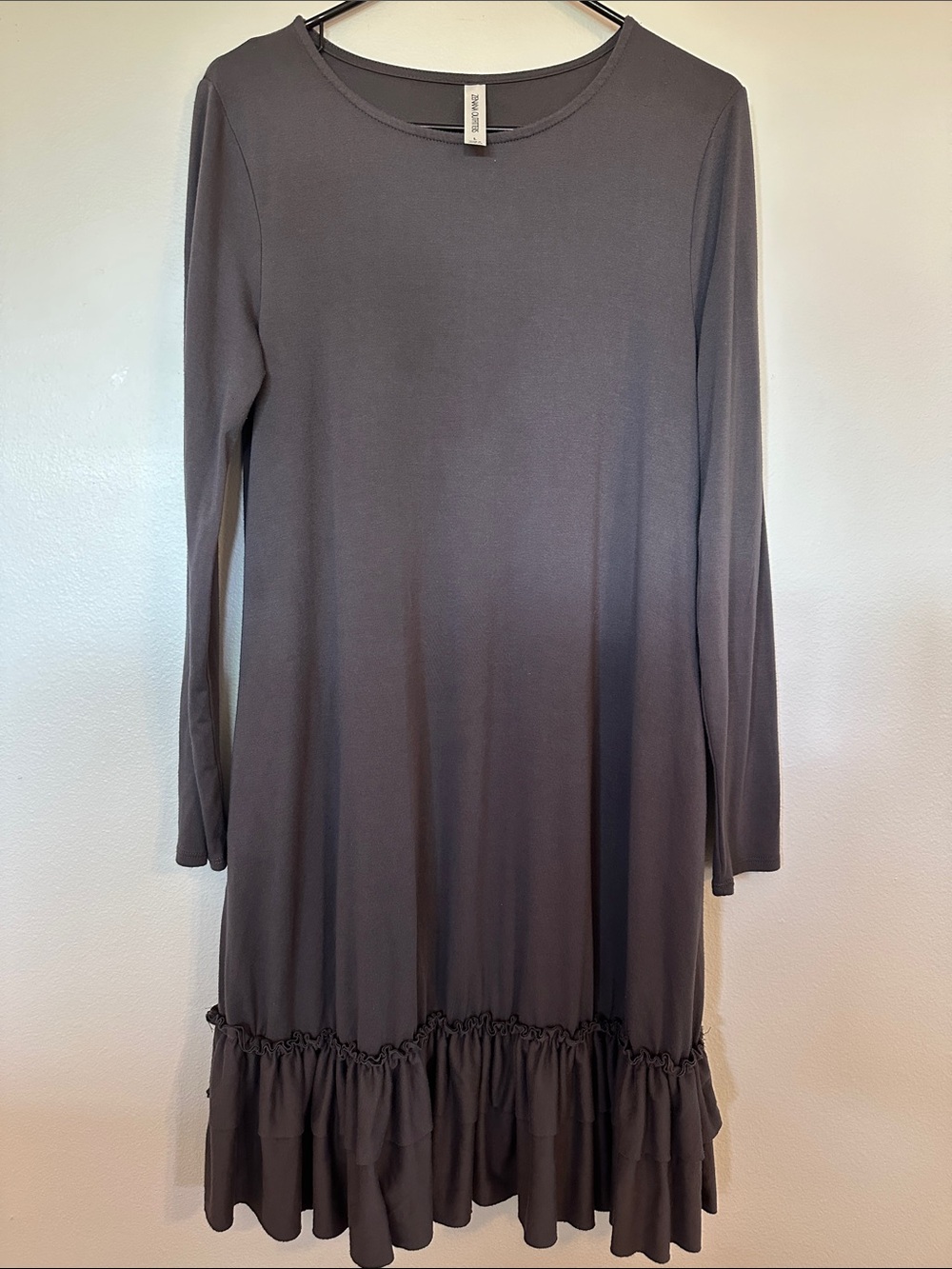 Dark Gray Long Sleeve Ruffle-Hem Dress